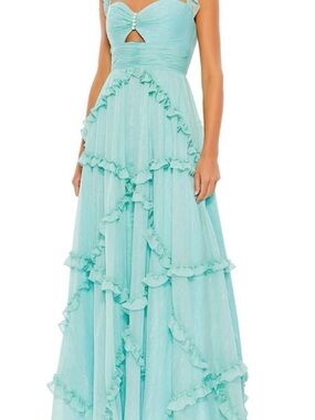 Mac Duggal Aqua Ruffled Tiered Maxi Dress